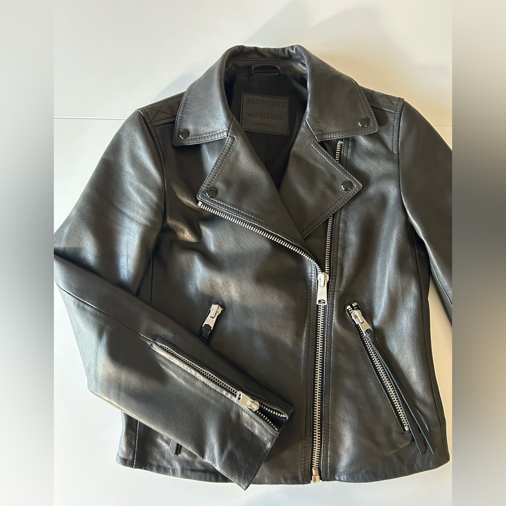 All Saints DALBY SLIM FIT LEATHER BIKER JACKET US2 - Picture 8 of 8